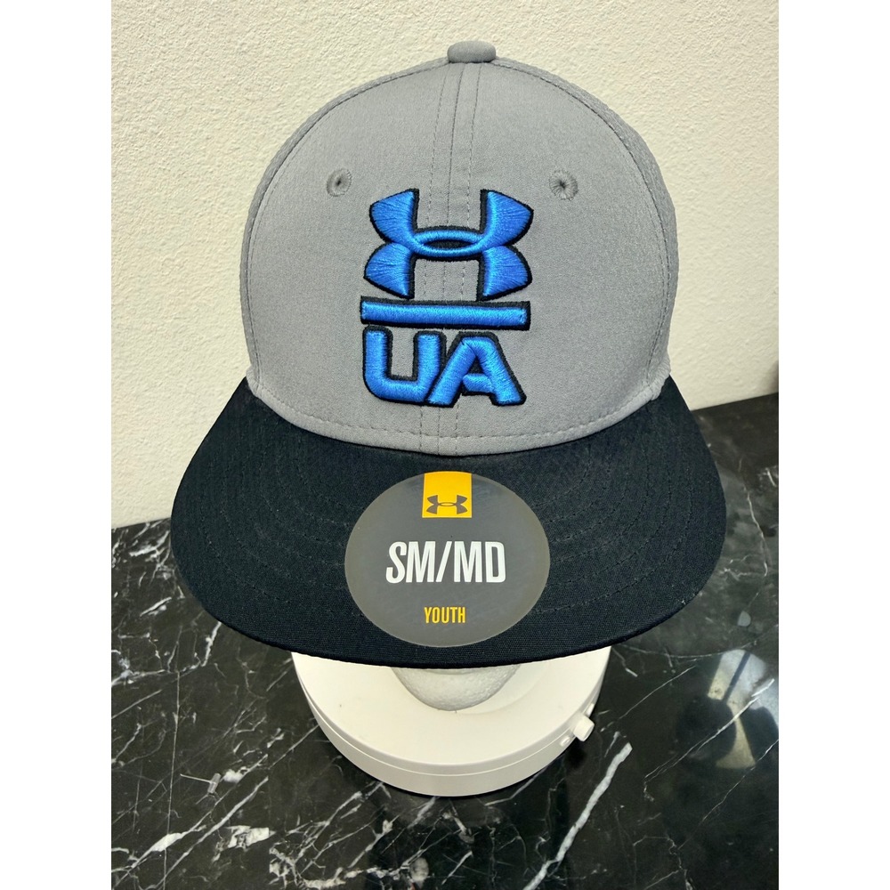 Under Armour Youth SM/MD Grey Black Blue Battle DC Stretch Fit Hat Cap